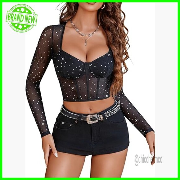 Tops - Long Sleeve Mesh Crop Top with Sparkle Square Neck Y2K Style